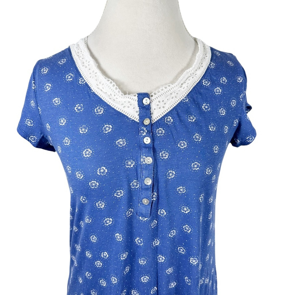 Eileen West V-Neck Henley Button Nightgown Blue Floral Knit Cotton Cottage Sz S - Picture 6 of 7